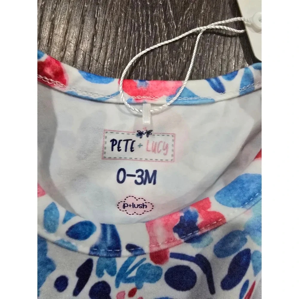 Pete + Lucy Baby Girls Floral Ruffle Romper Dress P+Lush Red Blue 0-3M NWT